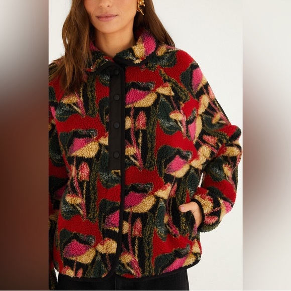 Farm Rio Black Wild Mushrooms Fleece Bomber Jacket - Picture 3 of 9